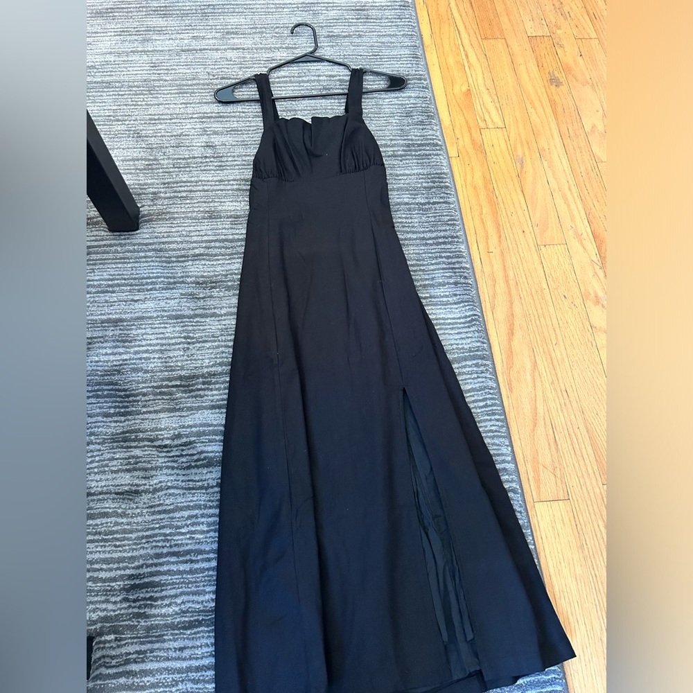 Black midi dress with ruching and bow detail